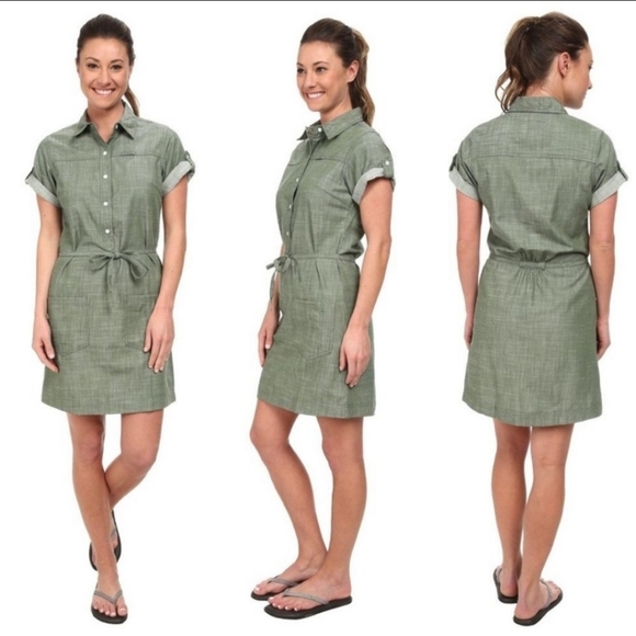 Olive Green Collar Button Chesser Island Patagonia Linen Dress Size 10 Gorpcore - Picture 6 of 6